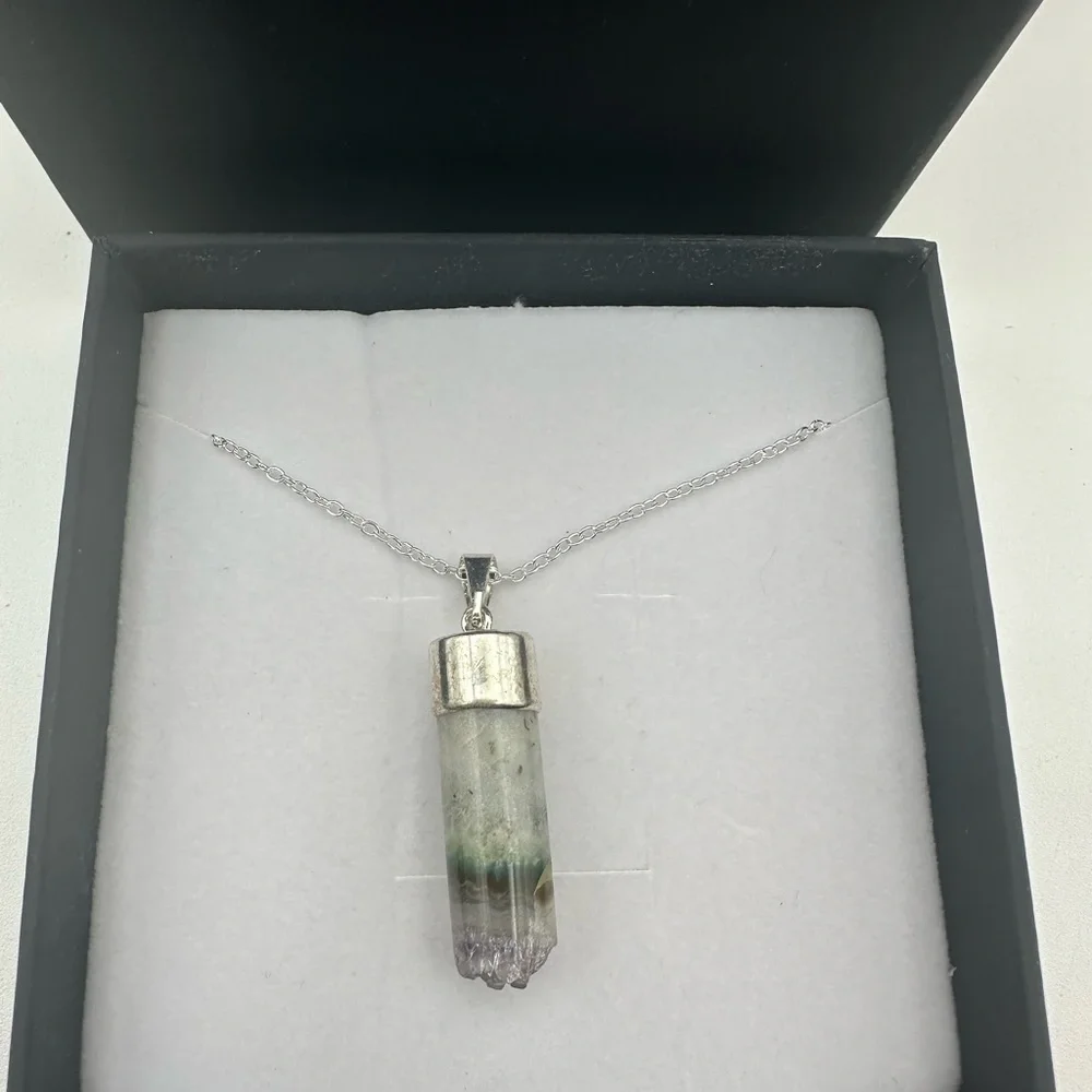 Amethyst and Agate Cylinder Pendant on Box Chain